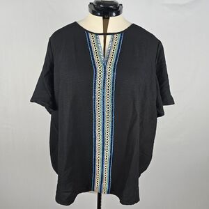 Bloomchic Blouse Women's 1X Black Plain Contrast Tape Keyhole Neck Ruffle NWT